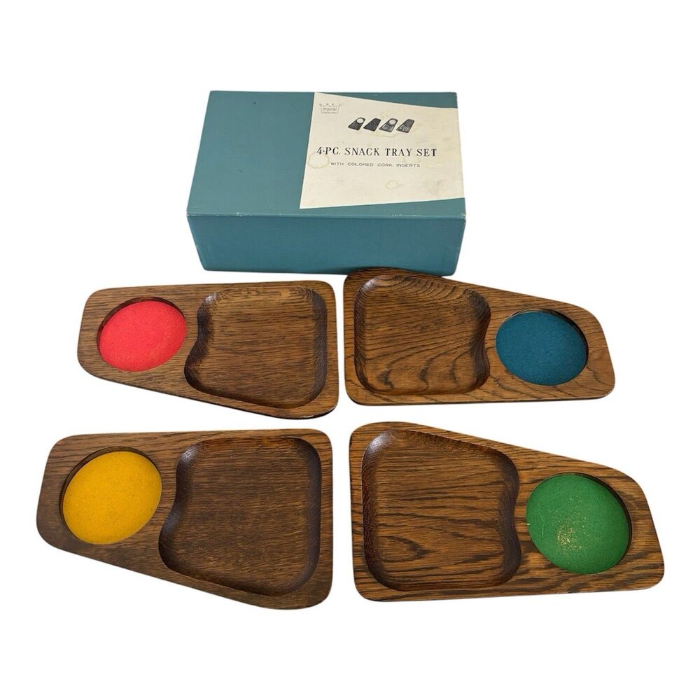 Imperial Vintage Mid Century Modern Wood Snack 4 Tray Set Cork Coasters W/box